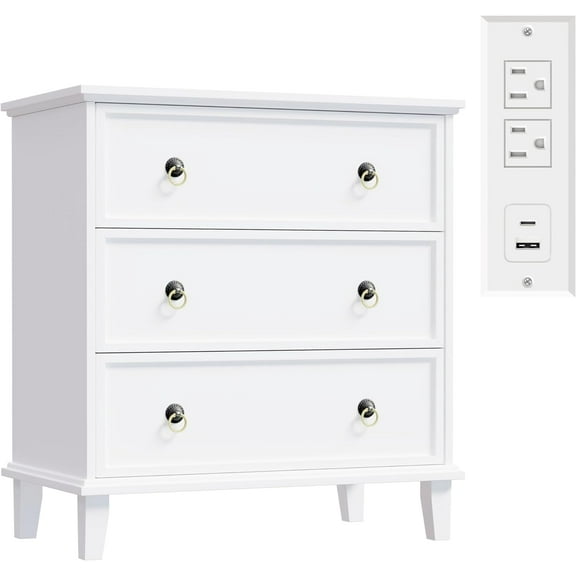 Nightstand with 3 Drawers and Charging Station, Storage End Table with Shelf, Modern Farmhouse Bedside Table for Bedroom, Hallway, Entryway, Home Office, White