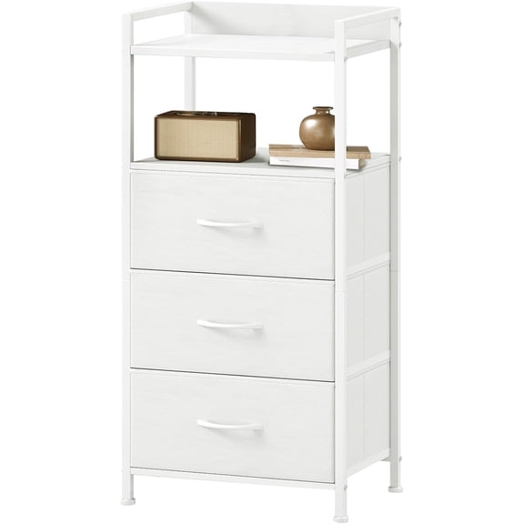 Nightstand with 3 Drawers, Dresser with Fabric Bins for Bedroom, Hallway, Entryway, Night Stand Bedside Table Furniture, Sturdy Steel Frame, Wooden Top, Easy Pull Fabric Bins, White Leather