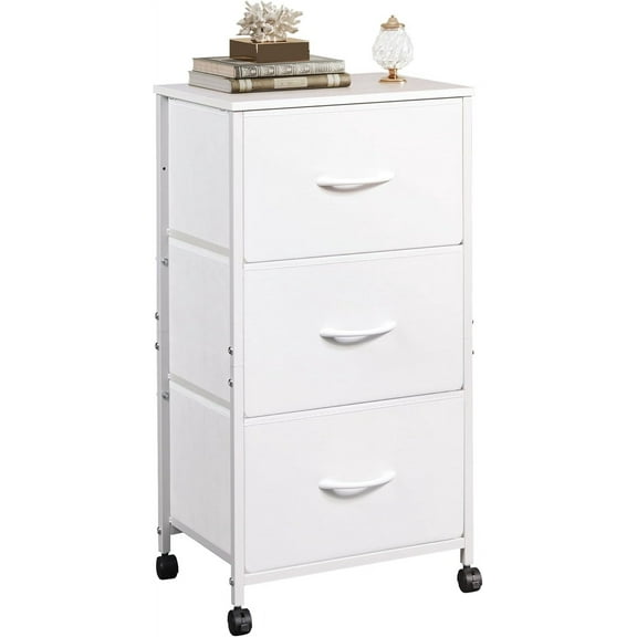 Nightstand with 3 Drawers  Fabric Dresser  Organizer Unit  Storage Dresser for Bedroom  Hallway  Entryway  Closets  Sturdy Steel Frame  Wood Top  Easy Pull Handle  White