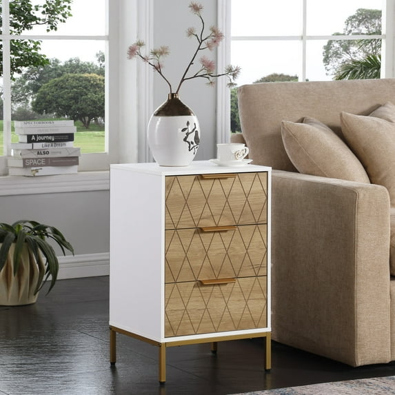 Nightstand with 3 Drawers,Mid-Century Modern End Table,Bedside Table, Gold Metal Legs,Gold Metal Handles,Wavy Drawer PanelsEnd Table for Bedroom White