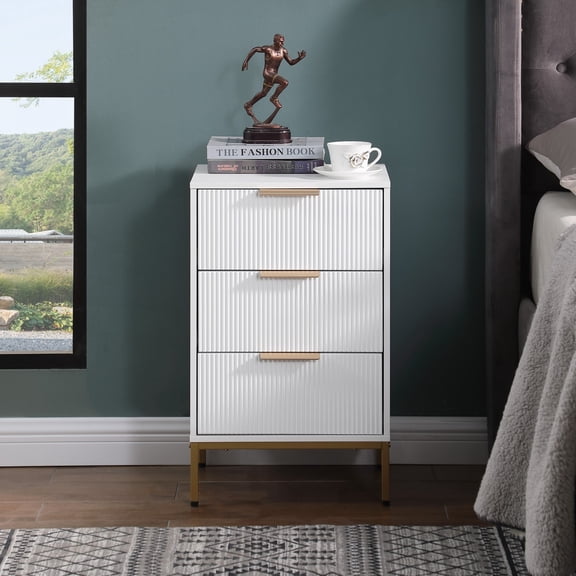 Nightstand with 3 Drawers, Mid Century Modern End Table with Gold Metal Legs & Handles, Wavy Drawer Panel Bedside Table Storage Cabinet for Bedroom Living Room, White