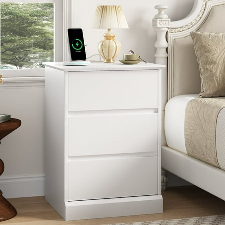 NEGYLIM Nightstand with 3 Drawers, White Bedside Table Night Stand for Bedroom with Charging Station & Cut-Out Handle, Sofa Side Table Dresser for Bedroom(White)