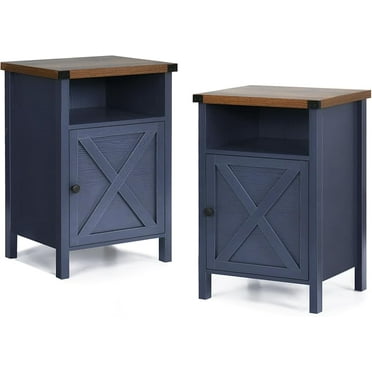 End Table, Nightstand, Set of 2, End Tables with Barn Door and Shelf, Modern Bed Side Table Rustic Nightstands Set for Bedroom, Living Room, Navy Blue