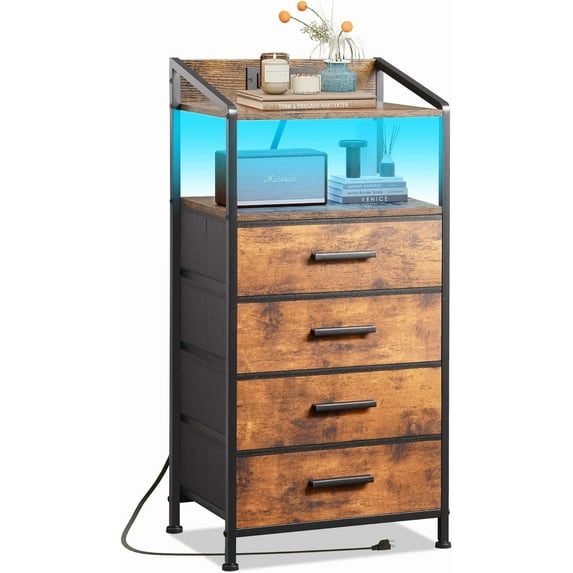 Nightstand 4 Drawer Dresser with LED Lights and Charging Station, Vertical Side Table with Fabric Drawers, End Table with Open Shelf, Tall Dresser for Bedroom, Hallway, Entryway, Rustic Brown