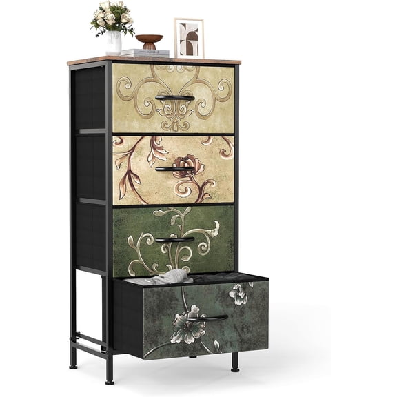Nightstand with 4 Drawers Bedside Table with Removable Fabric Bins Sturdy Steel Frame Wood Top Organizer Furniture for Bedroom Closet Living Room,Floral Painted