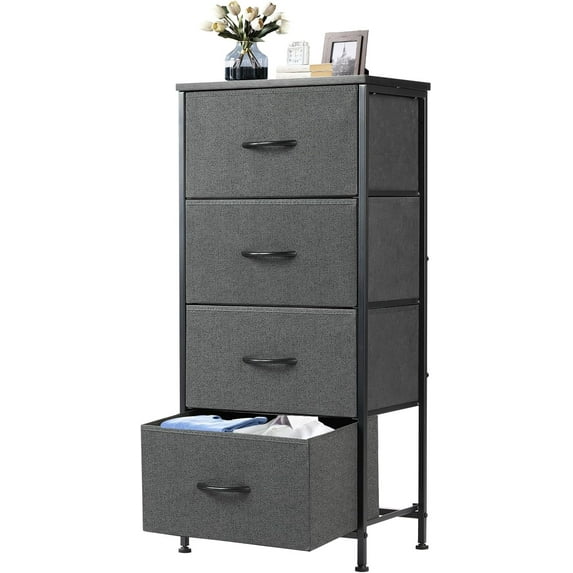 Nightstand with 4 Drawers Bedside Table with Removable Fabric Bins Sturdy Steel Frame Wood Top Organizer Furniture for Bedroom Nursery Closet Living Room