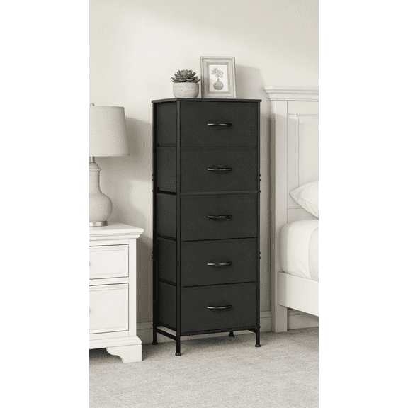 Nightstand with 5 Drawers, Vertical Storage Tower with Sturdy Steel Frame and Wood Top, Removable Fabric Bin Organizer for Bedroom Closet Entryway Dorm, Black