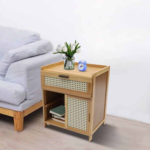 Nightstand, Bamboo Night Stand with Drawer and Shelf, Bohemian Bedside Tables