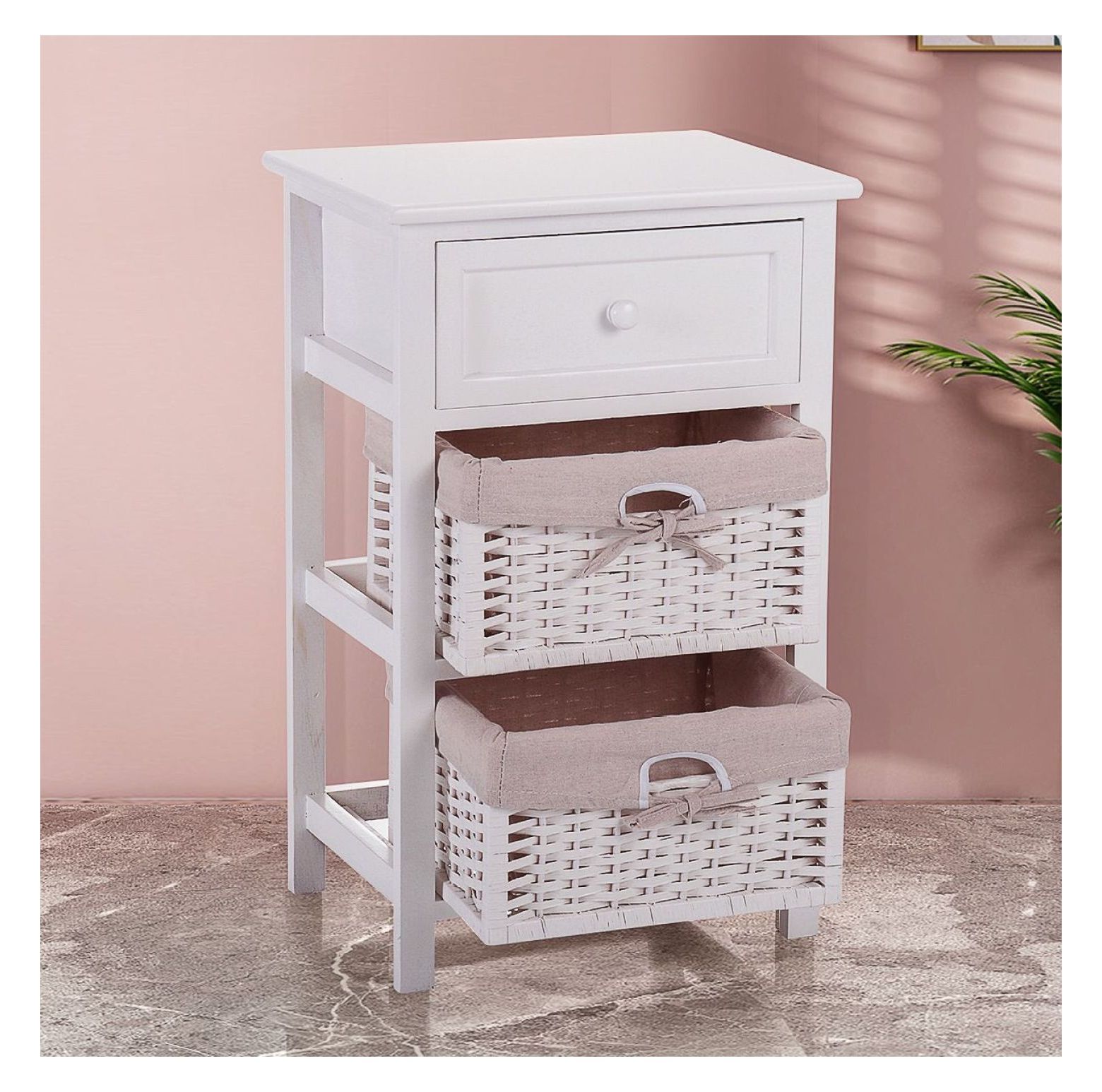 Nightstand with Baskets, Modern End Table - White Bedroom Bedside Table ...