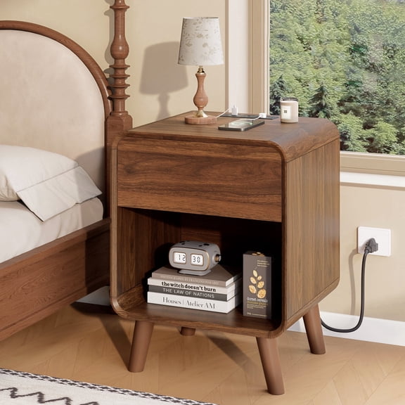 Roofar Bedroom Nightstand, 1-Drawer Wood Nightstand with Charging Station, Round Corner Bed Side Table, Walnut