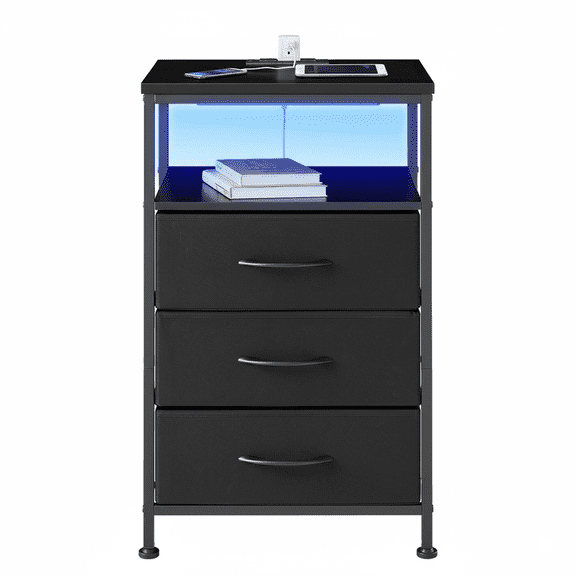 Nightstand, Beddle LED Bedside End Table with Charging Station, Bedroom 3 Fabric Drawers Night Stand, USB/Type-C Ports & Outlets, Black