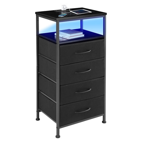 Nightstand, Beddle LED Bedside End Table with Charging Station, Bedroom 4 Fabric Drawers Night Stand, USB/Type-C Ports & Outlets, Black