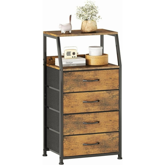 Nightstand for Bedroom, 4 Drawers Dresser, Small Side Table/End Table with Storage, 2-Tier Open Shelf, Wooden Top Night Stand with Fabric Bins for Living Room/Entryway, Rustic Brown