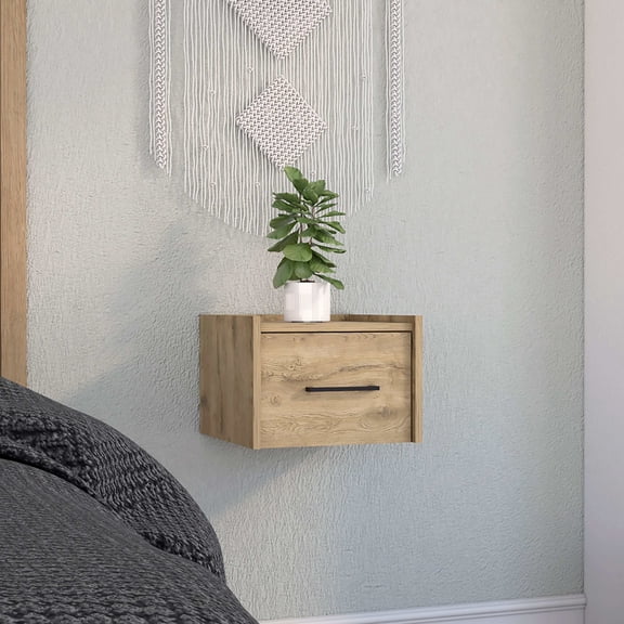 Wooden Nightstand Boa Floating Nightstand , End Table, Side Table Wall-Mounted Single Drawer Design with Handle- Macadamia - Bedroom,Modern Nightstand