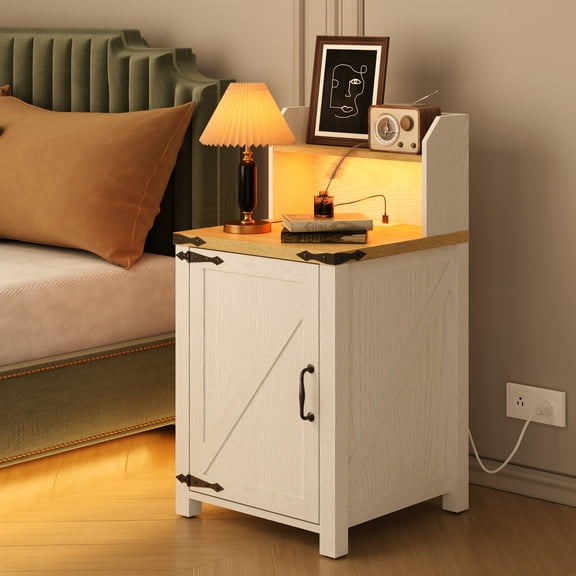 Nightstand for Bedroom, Holaki 18" Nightstand with Charging Station & Strip Light, End Table, Side Table with Adjustable Storage Shelf & Barn Door, Bedside Cabinet for Bedroom Living Room, White