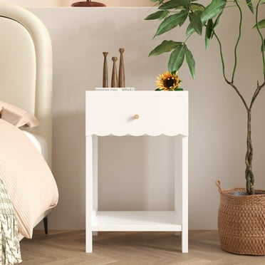 Nightstand for Bedroom Modern White Nightstand with Drawer and Open Shelf,Scalloped Edge Bedside Table for Bedroom, Cute Minimalist Side Table for Kids Room or Girls' Room,Wooden Nightstand
