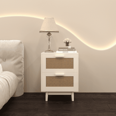 Nightstand for Bedroom Rattan Nightstand, Wood End Table, Side Table with 2 Faux Rattan-Decorated Drawers, Bedside Table,Wood Accent Table with Storage for Livingroom, Bedroom,Burly wood,Wooden Night