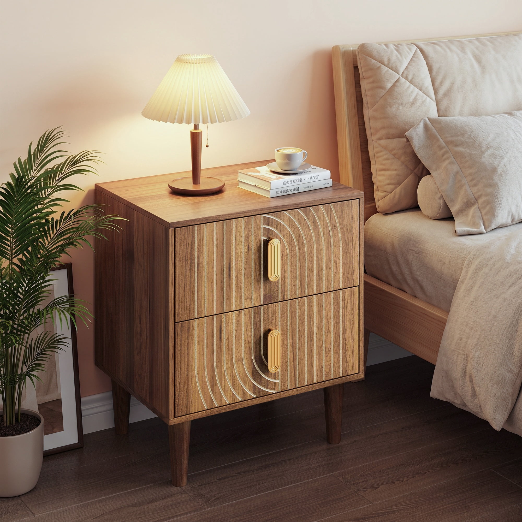 Nightstand Bedside Table 18 Inch, Double Drawer Storage with Solid Wood Legs for Bedroom Living Room, Walnut