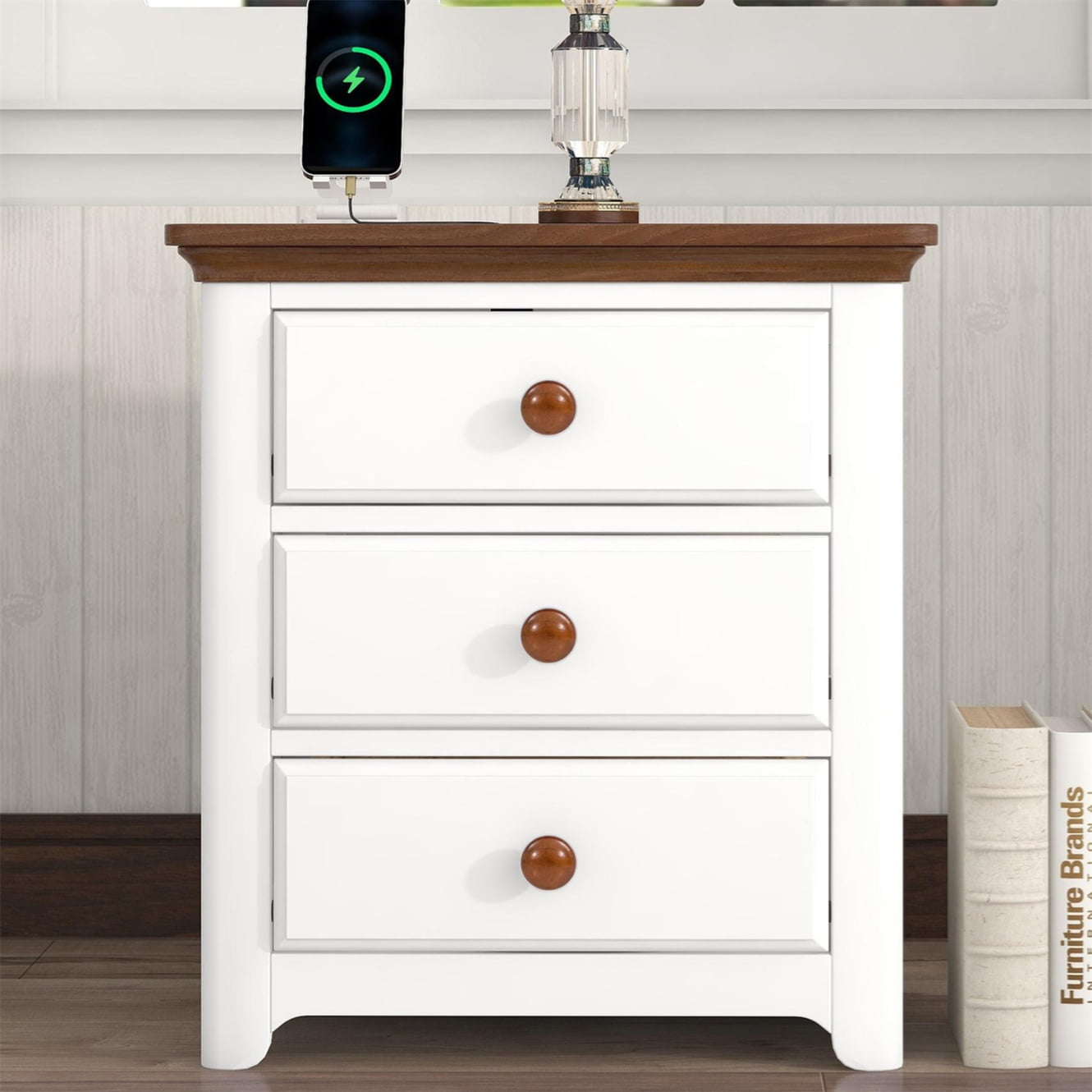Nightstand, Bedside Table with USB Charging Ports and 3 Drawers, Modern
