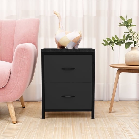 Nightstand, Bedside Table with 2 Storage Drawers, Wooden Top Fabric Cabinet Kids Mini Dresser for Bedroom, Closet, Entryway, College Dorm, Black