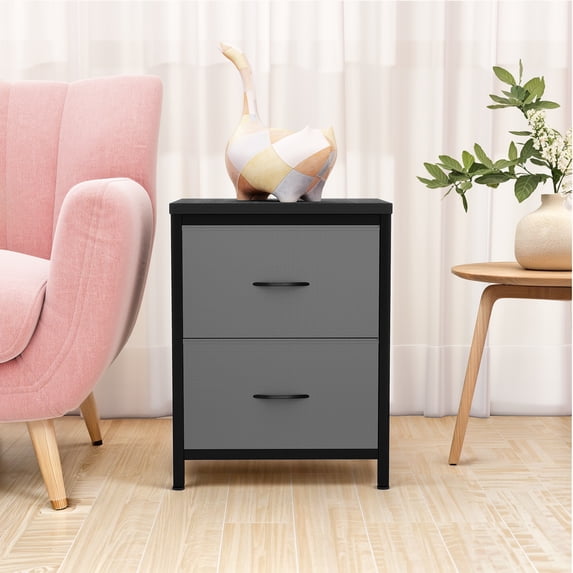 Nightstand, Bedside Table with 2 Storage Drawers, Wooden Top Fabric Cabinet Kids Mini Dresser for Bedroom, Closet, Entryway, College Dorm, Gray