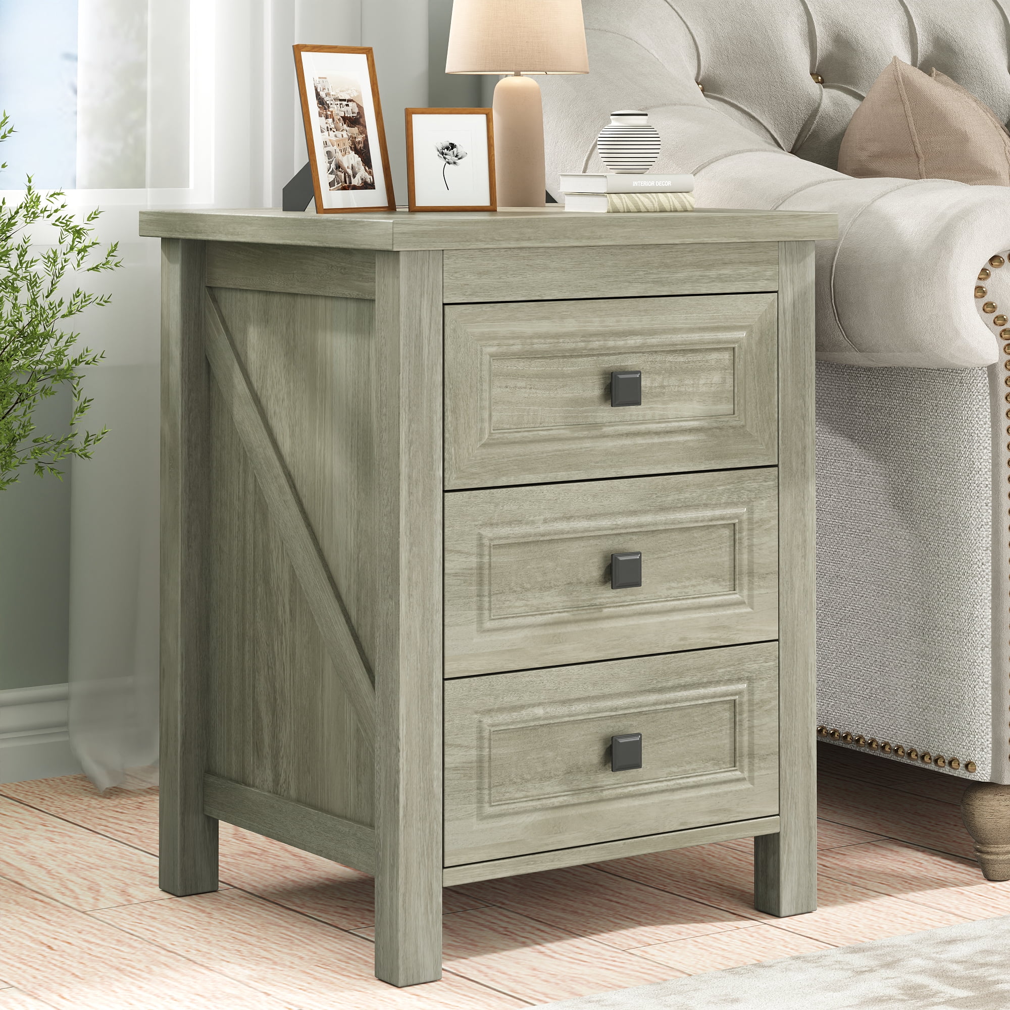 Nightstand, Bedside Table with Charging Station, Farmhouse 3 Drawer Nightstand Rustic Night Stand End Tables for Bedroom Living Room