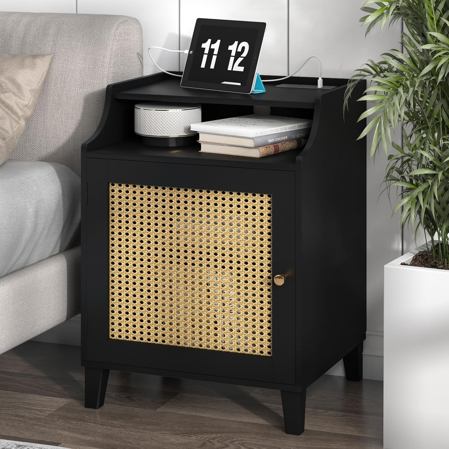 Nightstand Black Night Stand with Charging Station Farmhouse Bedside