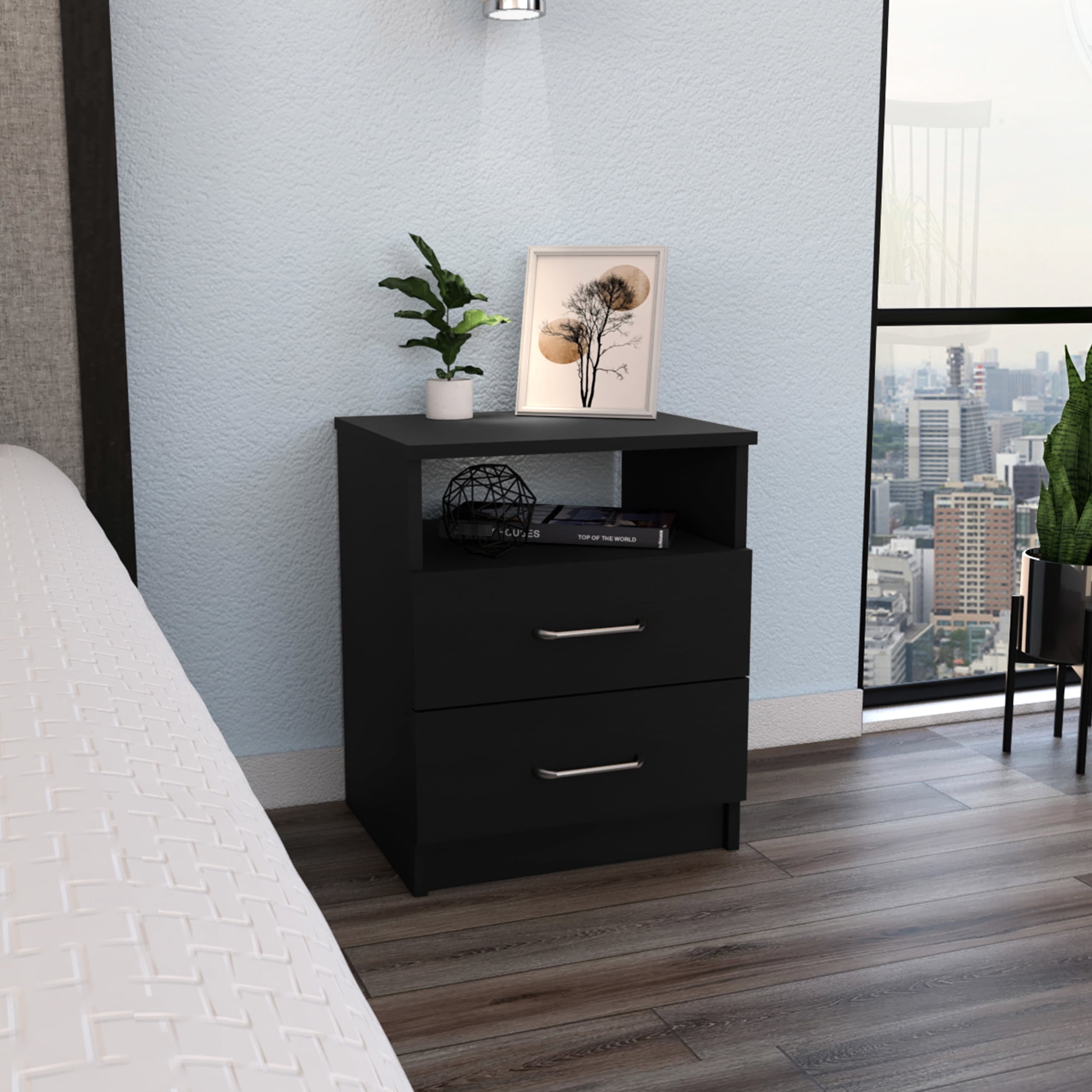 Nightstand, Black. Practical With Two Drawers & Shelf. Modern Style For ...