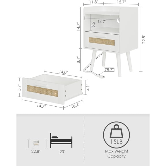 Rattan Night Stand with Rattan Decorated Drawers, Wood End Table for Bedroom, Living Room, Natural (Bohemian-Outlet, White)