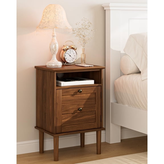 Nightstand, Boho Night Stand with 1 Drawer, Modern Side Accent Table with Open Shelf, Wooden Top Bedside End Table for Bedroom, Living Room, Walnut
