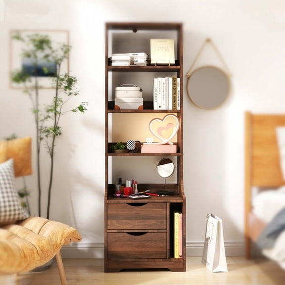 Nightstand with Bookshelf & 2 Drawers | 58" Tall Bookshelf Nightstand in Walnut Finish | Modern Bedside Bookshelf for Small Spaces, Living Room, or Apartment Storage