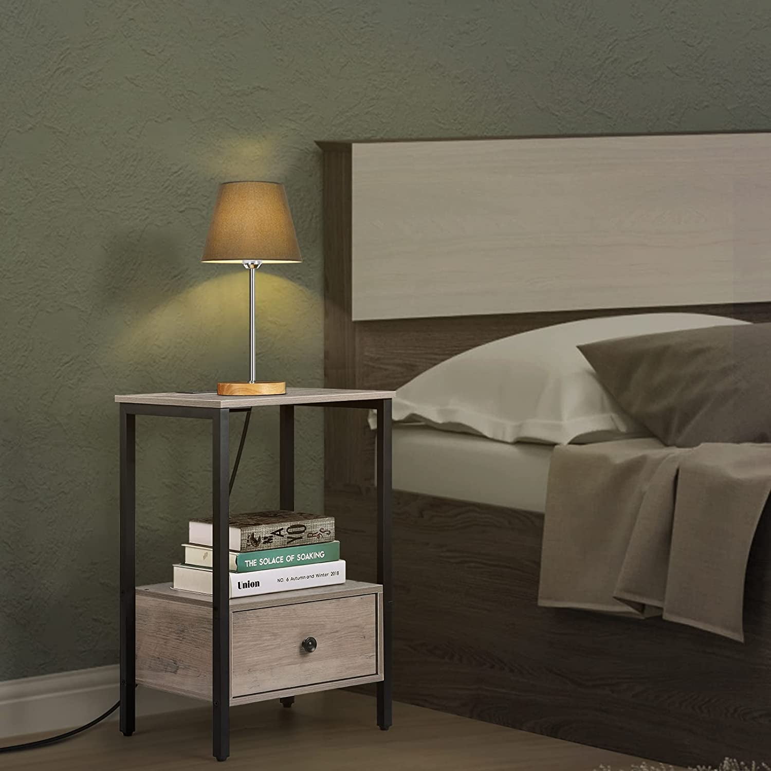 Oumilen Modern Adult Nightstand Bottom Wood Drawer with Chargers Light Oak, Set of 2