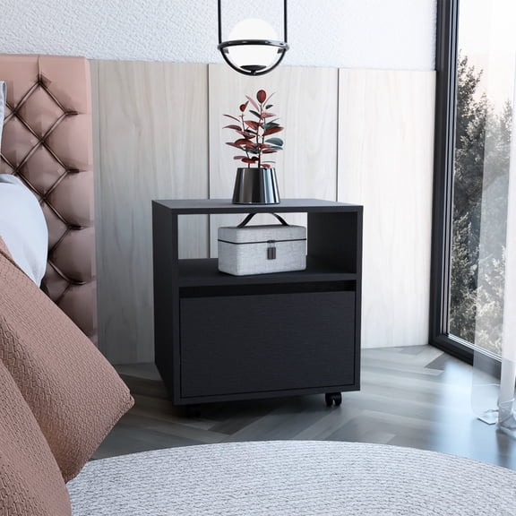 Nightstand With Caster Wheels, Black. Bedroom Essential Storage. Easy Assembly Process. 20.8 Inches Tall. Functional Black Side Table Wheels. Modern Look For Living Room. Spacious Drawer And Middle