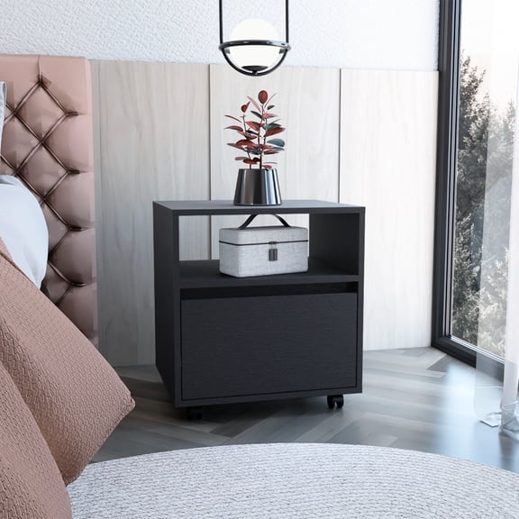Nightstand With Caster Wheels, Black. Bedroom Furniture Drawer. Easy To Assemble Screw Driver Black End Table Single Space And . Bearing Drawer Sliders For Smooth Operation