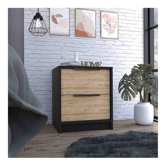 Nightstand Cervants, 2 Drawers, Metal Handle, 18" High - Black Wengue/Pine Finish Bedroom Side Table
