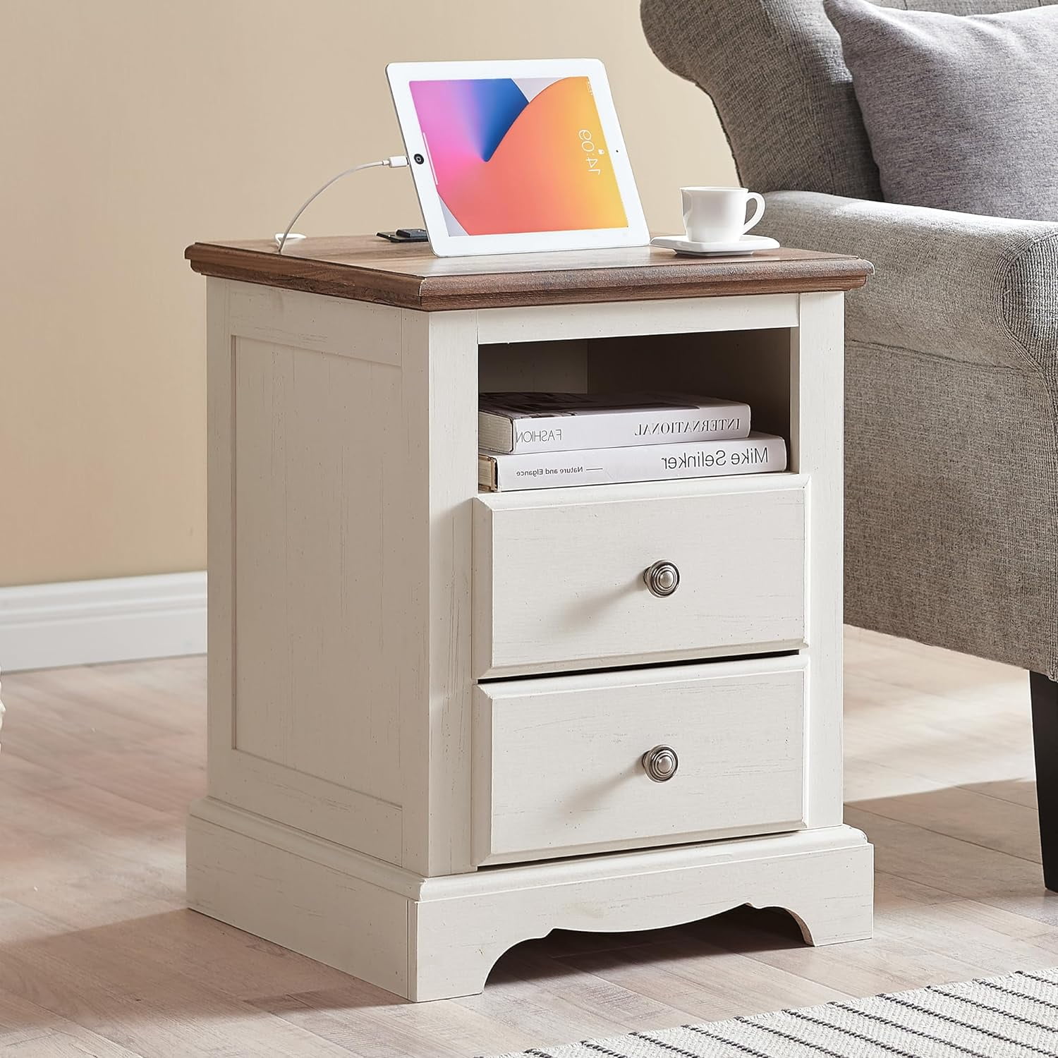 Antique White 2-Drawer Nightstand with Charging Station and Open Shelf