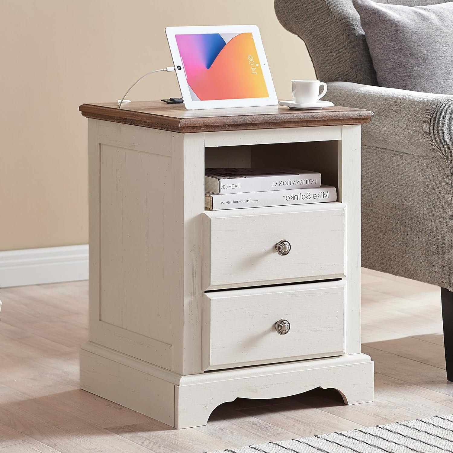 Antique White 2-Drawer Nightstand with Charging Station and Open Shelf