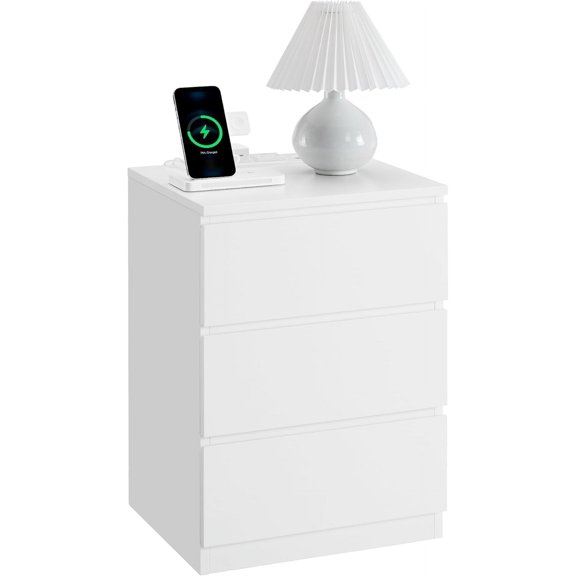 Nightstand with Charging Station, 2 AC Outlets and 2 USB Ports, Bedside Table, Side Table with 3 Drawers, Modern Style, 13.8 x 15.7 x 23.2 Inches, Cloud White ULET631W16