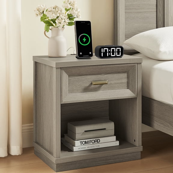 Nightstand with Charging Station, 24" Tall Modern Side Table with Drawer Storage and Open Shelf, Wooden Bedside Table for Small Spaces, Bedroom, Dorm, Office (Gray)