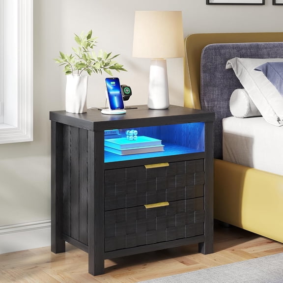 Nightstand with Charging Station, 25.6" Wide Bedside Table with 2 Drawers, Smart Side Table with 3-Color LED Lights and Adjustable Lighting for Bedroom, Black