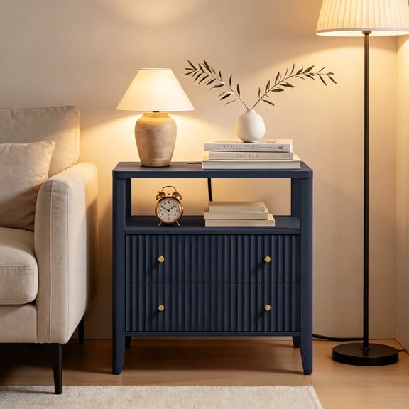Nightstand with Charging Station, 27.3" Wide Fluted Bedside Table with 2 Drawers & Open Shelf, Large End Table with Storage, Metal Handle & Rounded Corners for Bedroom, Blue