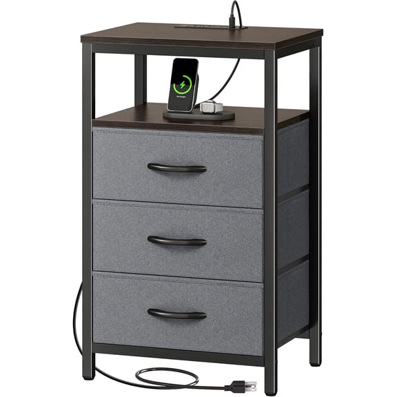 Nightstand with Charging Station, 27.6 Inch Bedside Table with Fabric Drawers, End Table Side Table with USB Ports and Outlets, Night Stand for Bedroom, Walnut