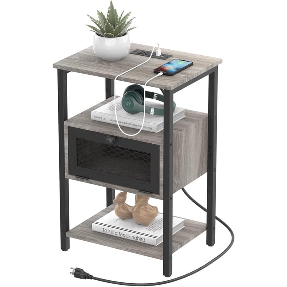 Nightstand with Charging Station, Bedroom Bedside Table with USB Ports and AC Outlets, Sofa Side End Table with Storage Drawer, Couch Side Table with Open Shelf for Living Room Office Dorm