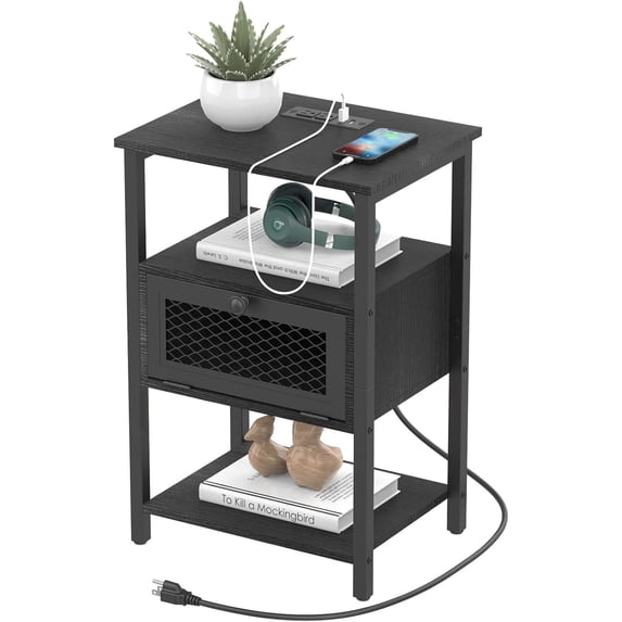 Nightstand with Charging Station, Bedroom Bedside Table with USB Ports and AC Outlets, Sofa Side End Table with Storage Drawer, Couch Side Table with Open Shelf for Living Room Office Dorm
