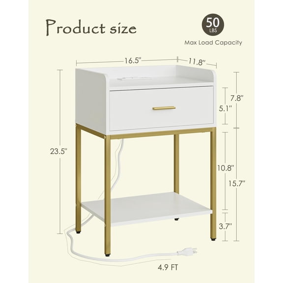 Nightstand with Charging Station,3-Tier Bedside Table for Small Space,Modern Night Stand with Storage Drawer and Shelf,Small Side Table for Bedroom,Living Room,White