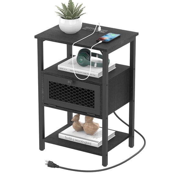 Nightstand with Charging Station, 3-Tier End Table with Drawer & Mesh Shelf, Bedside Table with USB Ports & Outlets for Living Room Bedroom, Black, Metal Frame