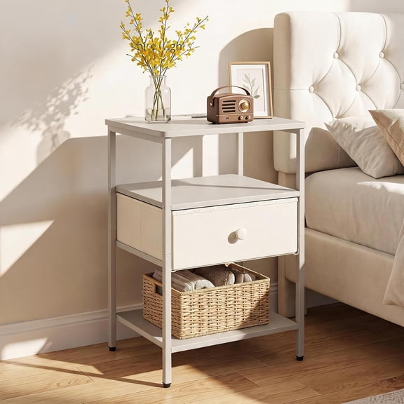 Nightstand with Charging Station, 3-Tier Open Storage Side Table with Fabric Drawer, Sturdy Metal Frame End Table, Versatile Bedside Table for Bedroom, Living Room, Small Space, White