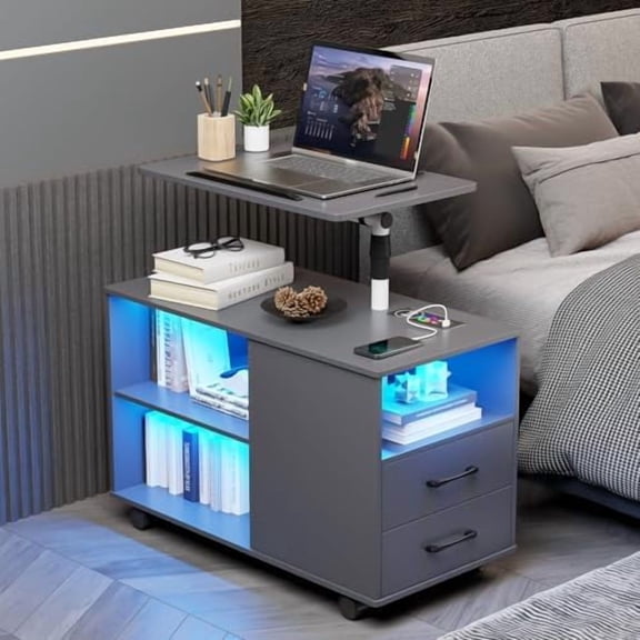 Nightstand with Charging Station and Auto Senor,RGB Bedside Table with 360Adjustable Rotary Table,Night Stand with Open Shelves,Drawers,5 Wheels,Grey$$Home Decor, Kitchen, & Other