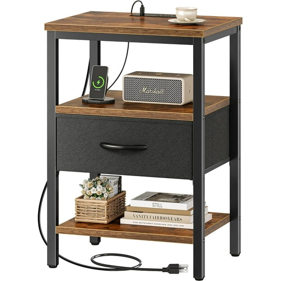 Nightstand with Charging Station, Bed Side Table with Adjustable Fabric Drawer, Night Stand for Bedroom, 3-Tier Storage End Table, for Living Room, Rustic Brown and Black