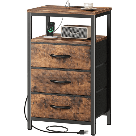 Nightstand with Charging Station, Bedside Table with 3 Fabric Drawers and USB Type C Ports AC Outlets, Adjustable Feet and Light Strip, Rustic Brown Bedroom Furniture for Dorm Living Room